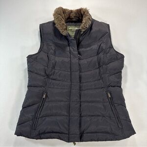 Eddie Bauer Vest Womens S Black Quilted Goose Down Puffer Vest Faux Fur Collar